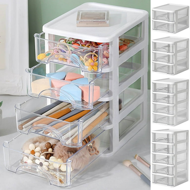5 Drawer Desktop Storage Bin Unit, Small Plastic Organizer, White Frame  with Clear Drawer, Mini Container Case for Desk, Storing Craft Accessory