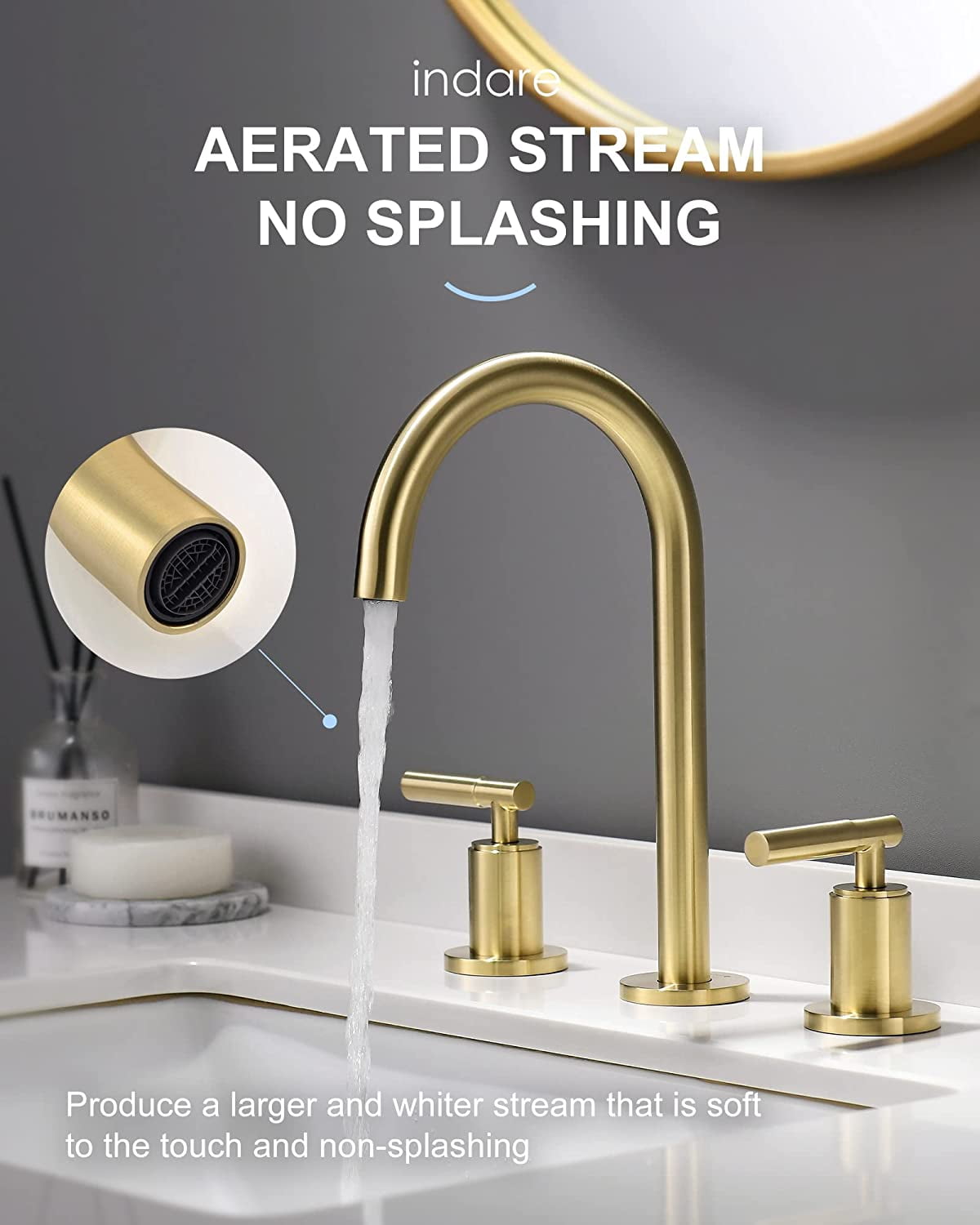 Brushed Gold Bathroom Faucet, Indare Two Handles 360° Swivel Spout Widespread 4Inch 8Inch Brass Bathroom Sink Faucet 3 Hole with Pop-Up Drain and Water Supply Lines