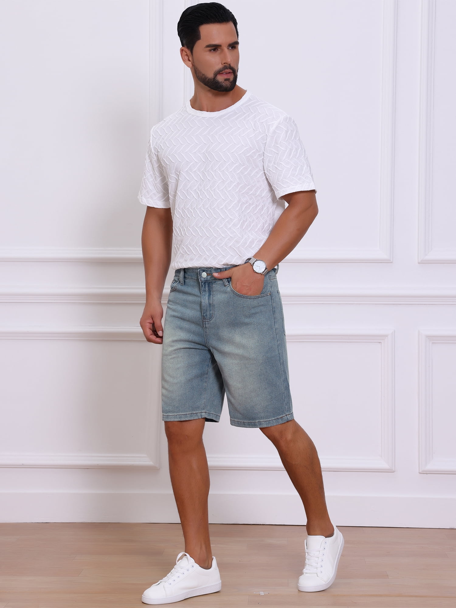 DARING DIVA Men's Textured Denim Above Knee Zipper Closure Jean Shorts 38 Light Blue