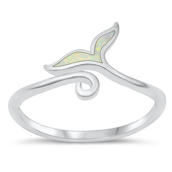 CHOOSE YOUR COLOR Whale Tail White Simulated Opal Ring .925 Sterling Silver Band CZ Female Size 8