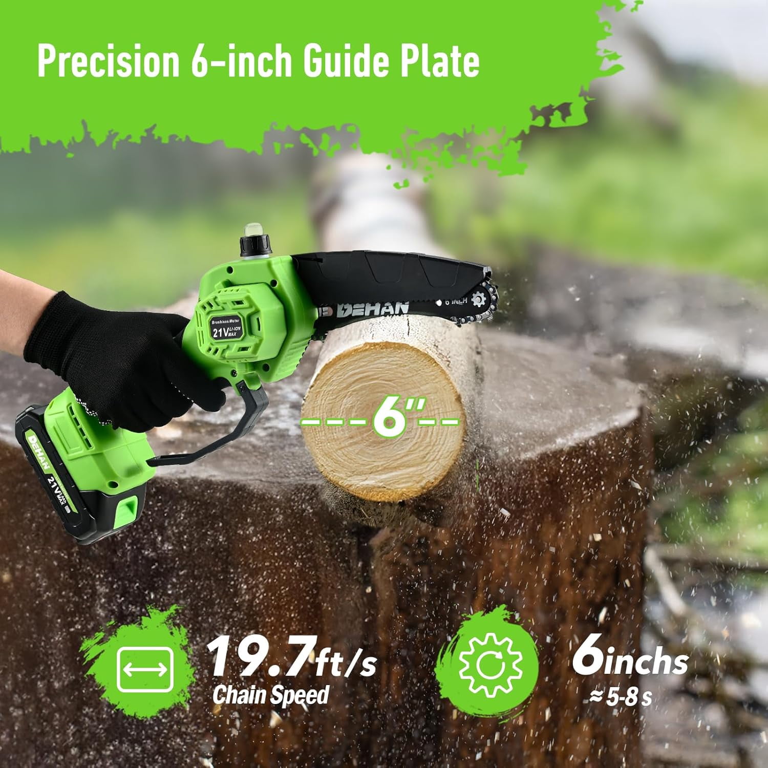 DEHANTOOLS 6 inch Mini Chainsaws with 2 21V Batteries and 3 Chains ,Brushless Portable Handheld Electric Cordless Chainsaw for Wood Cutting Tree Trimming Gifts for Men Dad Husband