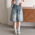 thumbnail image 7 of Shorts for Girls Girls Denim Shorts Summer Casual Mid Length Lightweight Breathable Soft Blue 5-6 Years, 7 of 7