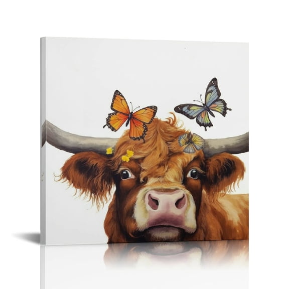 JRXY Cute Highland Cow Print Decor Rustic Farmhouse Wall Art Abstract Animal Canvas Paintings (Brown, 12x12inch) 12x12 in