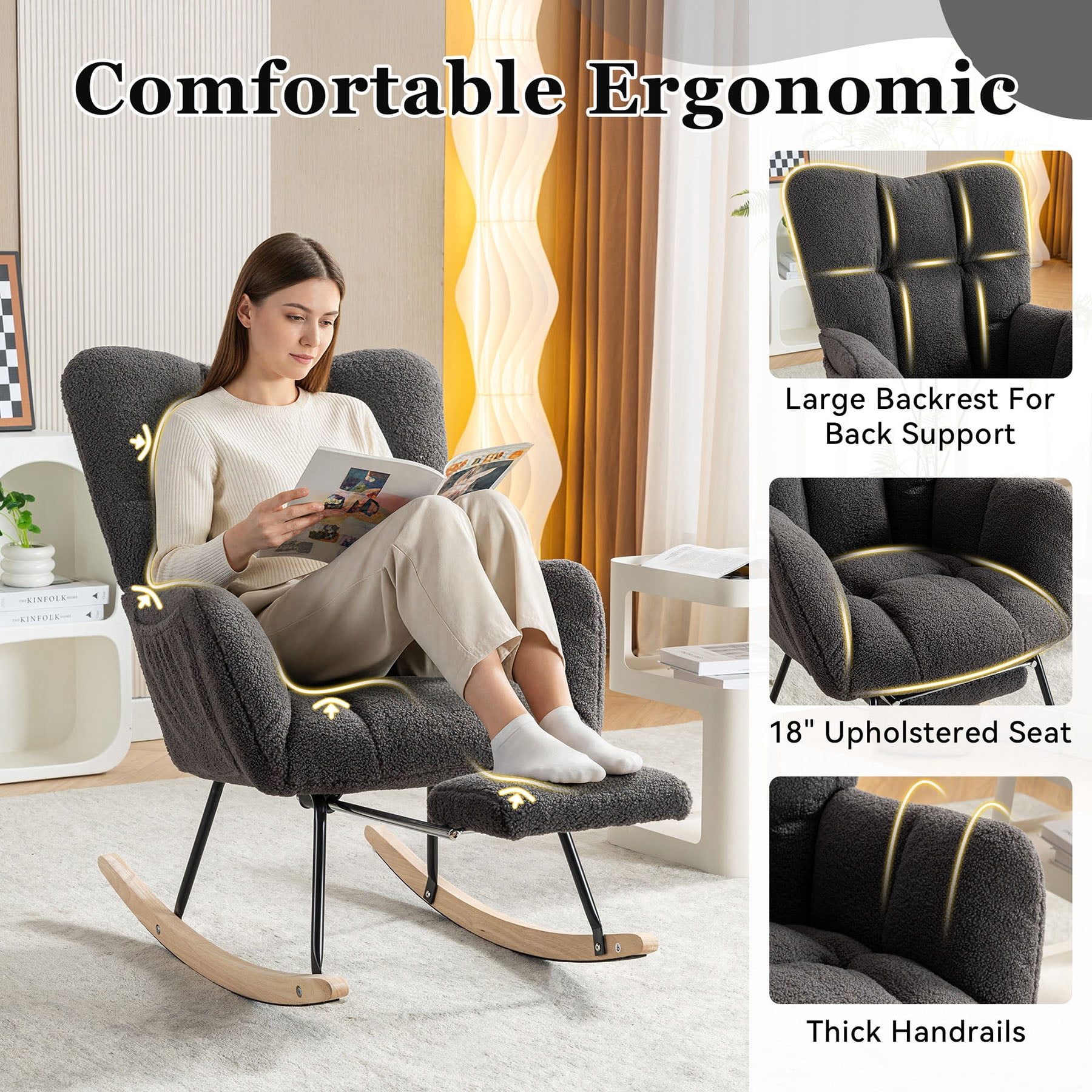 S-HOME Teddy Fabric Rocking Chair with Adjustable Footstool, High Backrest and Storage Pocket for Versatile Indoor Use, Dark Gray