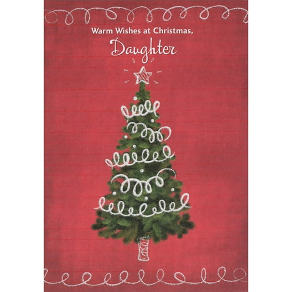Designer Greetings Tall Evergreen Tree with Swirling Glitter Tinsel on Dark Red Christmas Card for Daughter