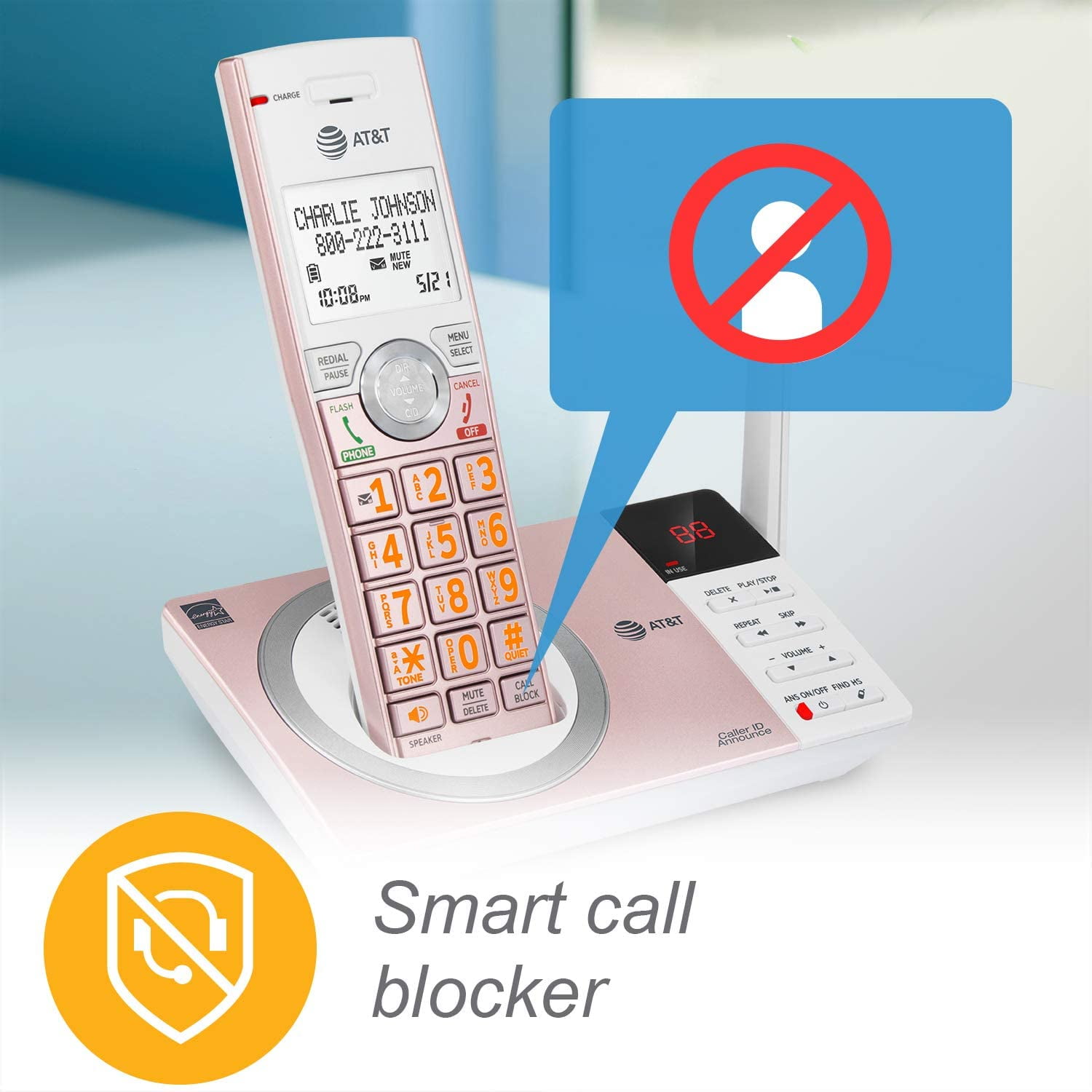 AT&T CL82257 DECT 6.0 Expandable Cordless Phone with Answering System & Smart Call Blocker and 2 Handset Rose Gold 