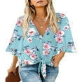 thumbnail image 1 of CHUANK Women‘s Button Down V Neck Tops Ruffled 3/4 Sleeve Tie Knot Front Blouses White Sizes S-2XL, 1 of 3