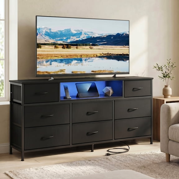 LEDREM 8-Drawer Dresser with LED Lights and Charging Station, TV Stand, 57.8 x 13.8 x 26.8 Inches, Black