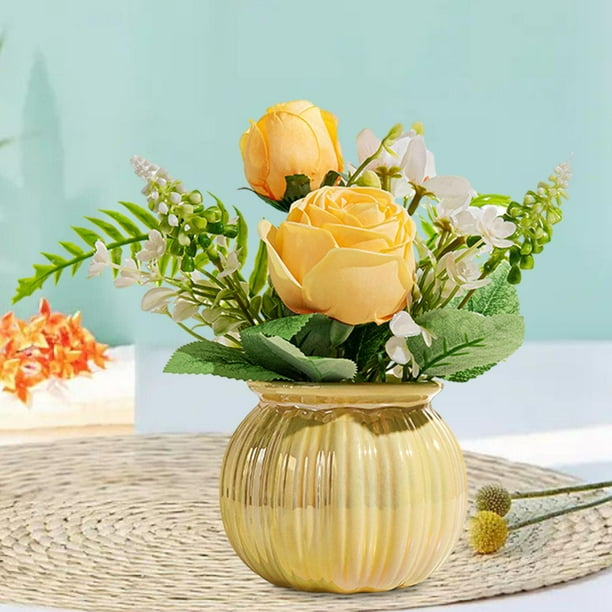 Florero de cerámica con forma de rosa Artificial en maceta, centro de mesa con arreglo Floral, altura de 21cm para decoración de primavera y boda, Amarillo
