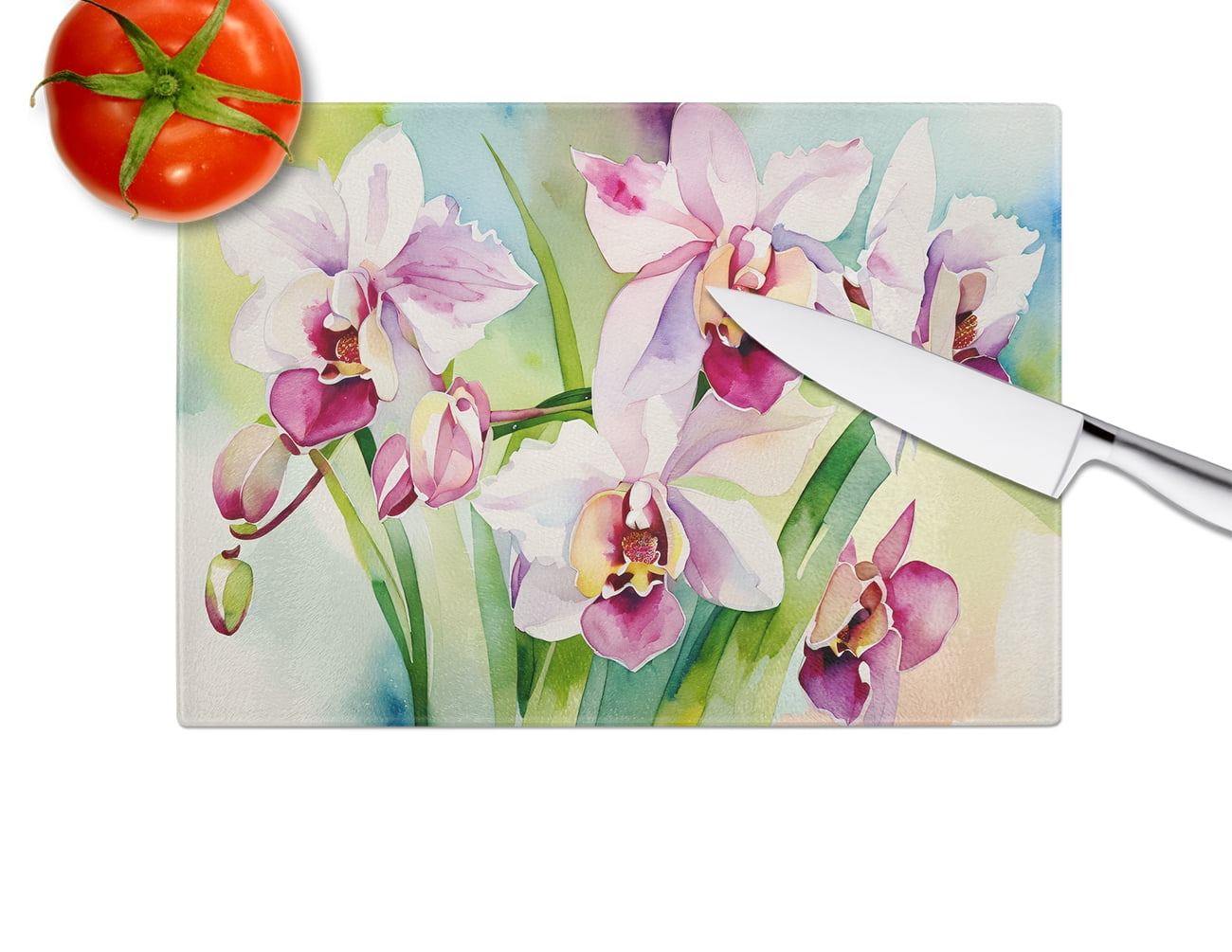 Orchids in Watercolor Glass Cutting Board Large 12 in x 15 in