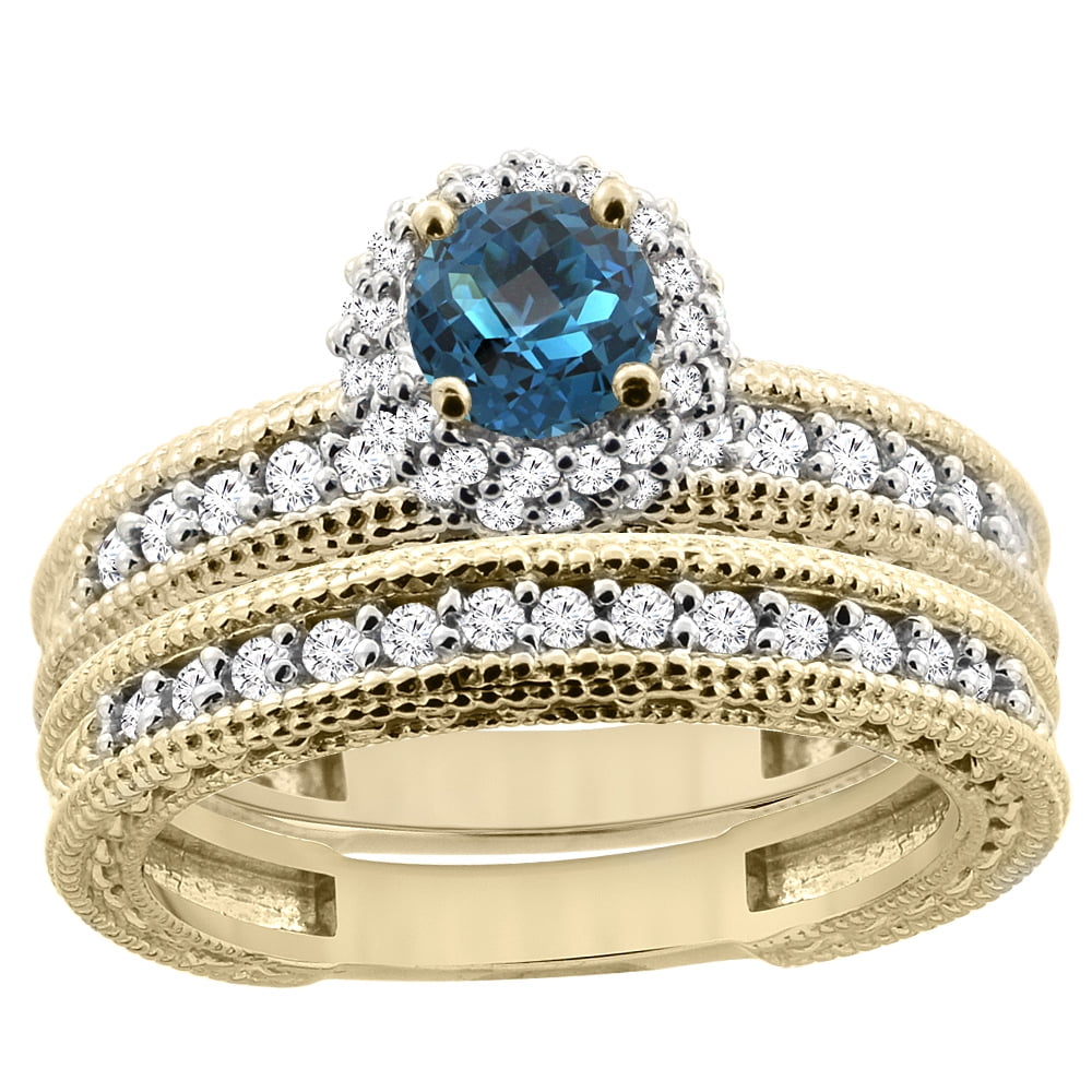 14K Yellow Gold Diamond Natural London Blue Topaz Round 4mm Engagement Ring 2-piece Set, size 5 by Gabriella Gold