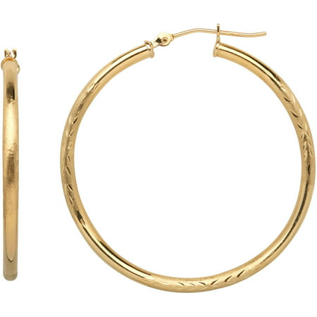 Simply Gold 10kt Yellow Gold Satin and Diamond-Cut Hoop Earrings