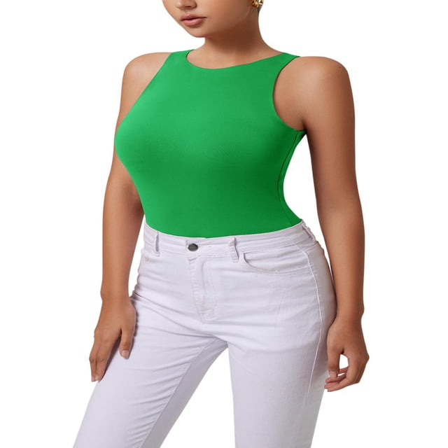 QJUHUNG Tank Bodysuit for Women Halter Neck Sleeveless Ribbed Bodysuit Basic Tank Tops