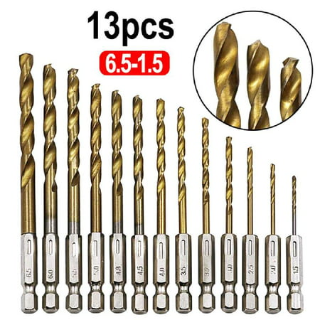 

DOYOUNG 13PCS/SET 1.5-6.5MM HSS High Speed Steel for Titanium Coated 1/4 Hex Shank Drill