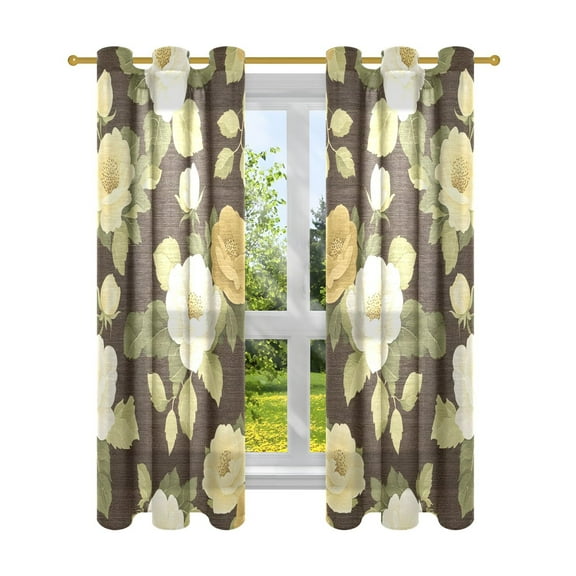 Sheer Curtains 2 Panels Set Grommet Drapes Window Treatments Light Filtering for Bedroom Living Room W42 x L63 Brown Cream Roses
