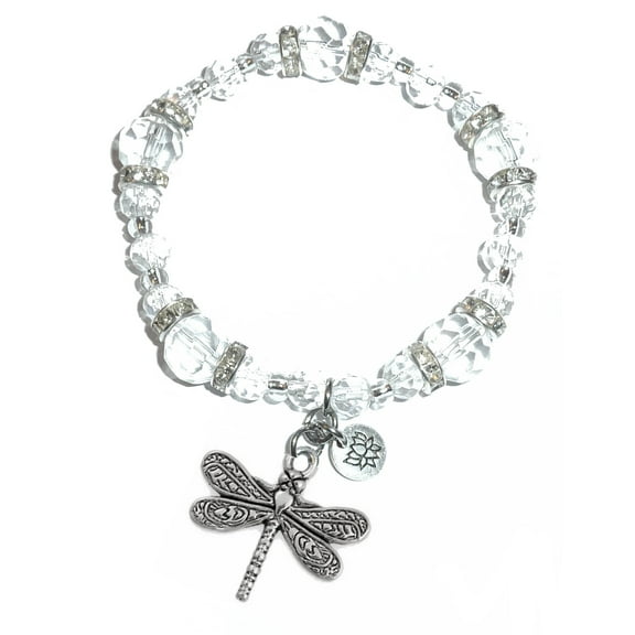 Hidden Hollow Beads Crystal Stretch Charm Bracelet, Womens Message Dangle, Comes Packaged In A Beautiful Gift Bag (Dragonfly)