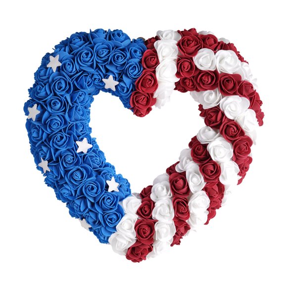 Lksixu Patriotic Roses Wreath for Front Door, 13 inch Heart-Shape Red White & Blue Foam Roses Garland, 4th of July American Flag Design Artificial Flowers Wreath Independence Day Hanging Ornaments