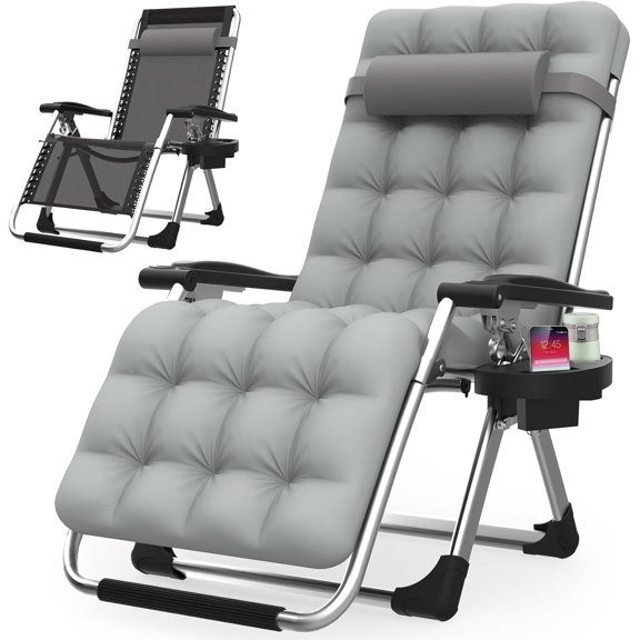 Zero Gravity Chair, Reclining Camping Lounge Chair w/Removable Cushion, Upgraded Lock and Cup Holder, Reclining Patio Chairs Folding Recliner for Indoor and Outdoor