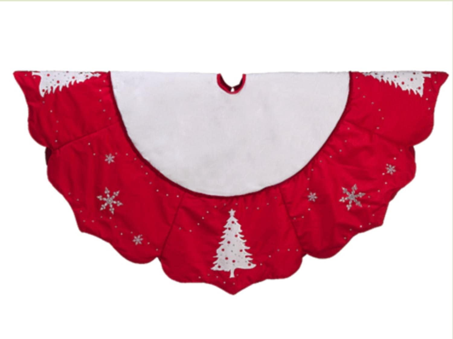 54" Red and White Embroidered Jeweled Tree with Snowflake Christmas Tree Skirt