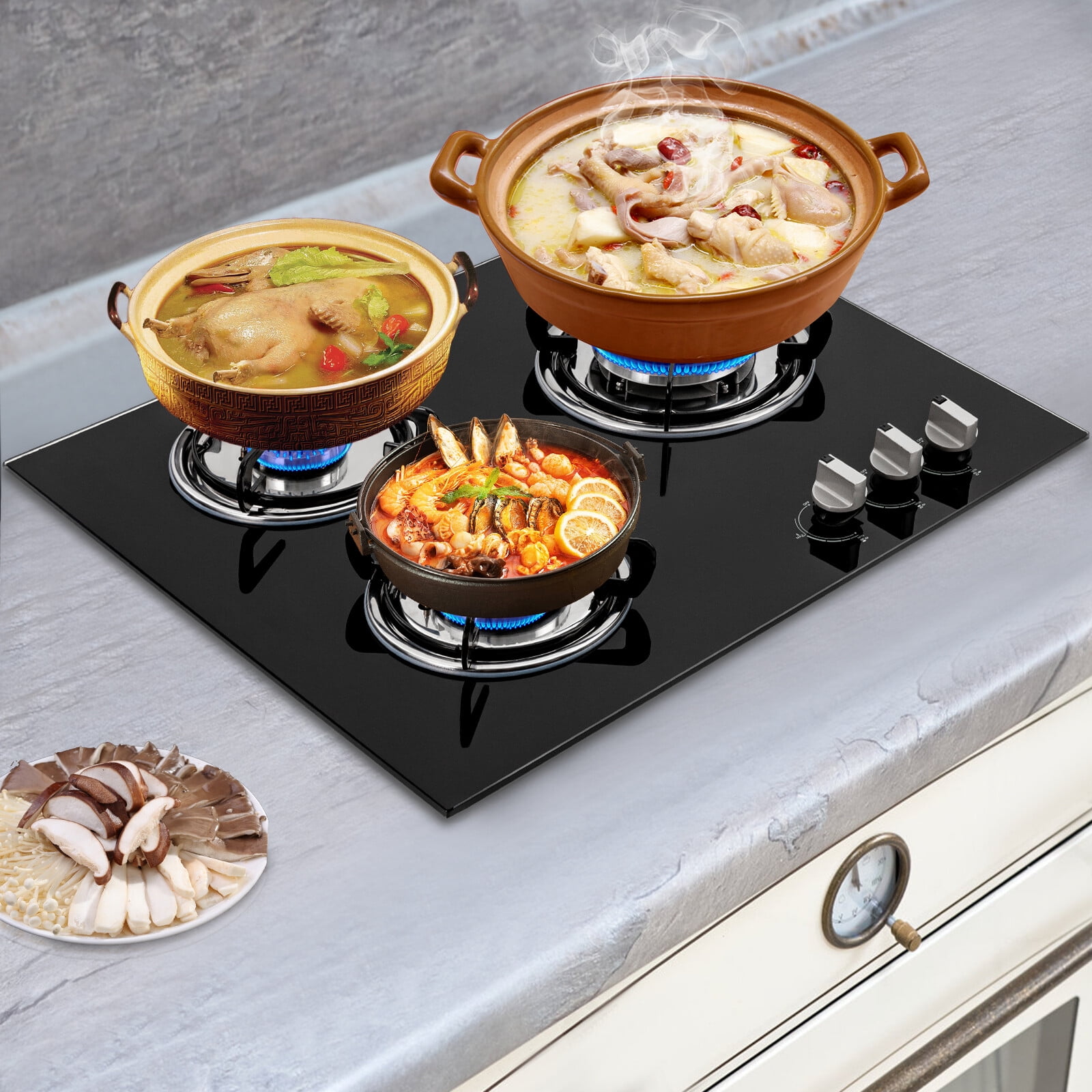 3 Burners High Efficiency Modern Rectangle Built-in Gas Cooktop Black 23.2*20*3.5in for Home Dining