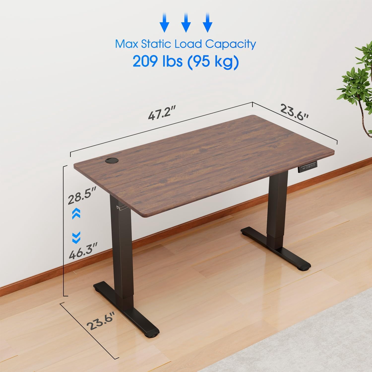 Electric Standing Desk 48x24 Inch Height Adjustable Desk Large Space Office Computer Desk with Headphone Holder 2 Memory Function for Home Office,Brown