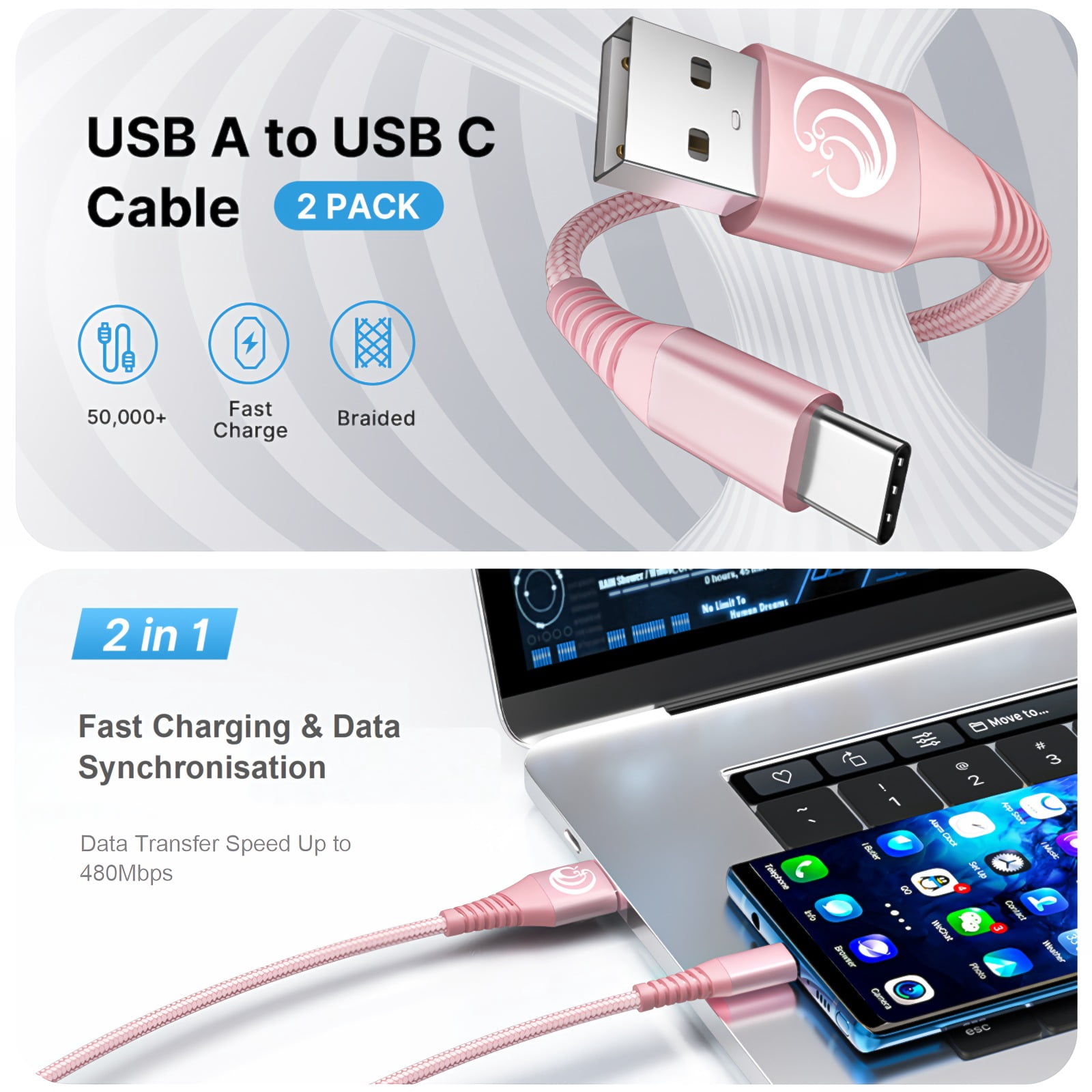 PAXO USB-C Kabel 2m, USB 3.1, Nylon – Schnelles Laden & Datenübertragung Bis 5Gbit/s