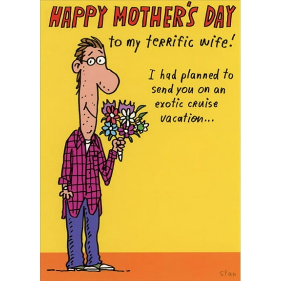 RSVP Man With Flower Bouquet : Exotic Cruise Humorous / Funny Mother's Day Card for Wife