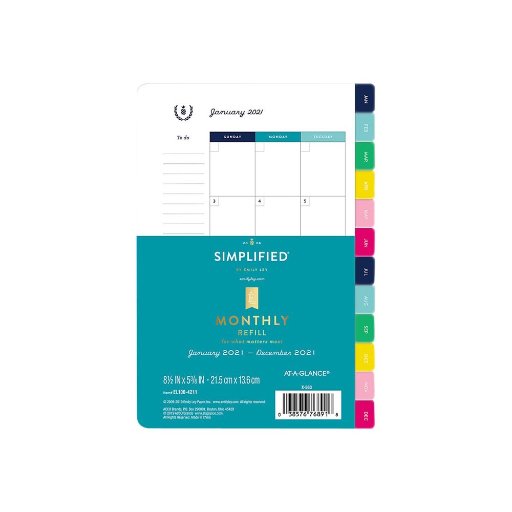 ATAGLANCE Emily Ley Simplified System Monthly planner refill JanuaryDecember 2021 month