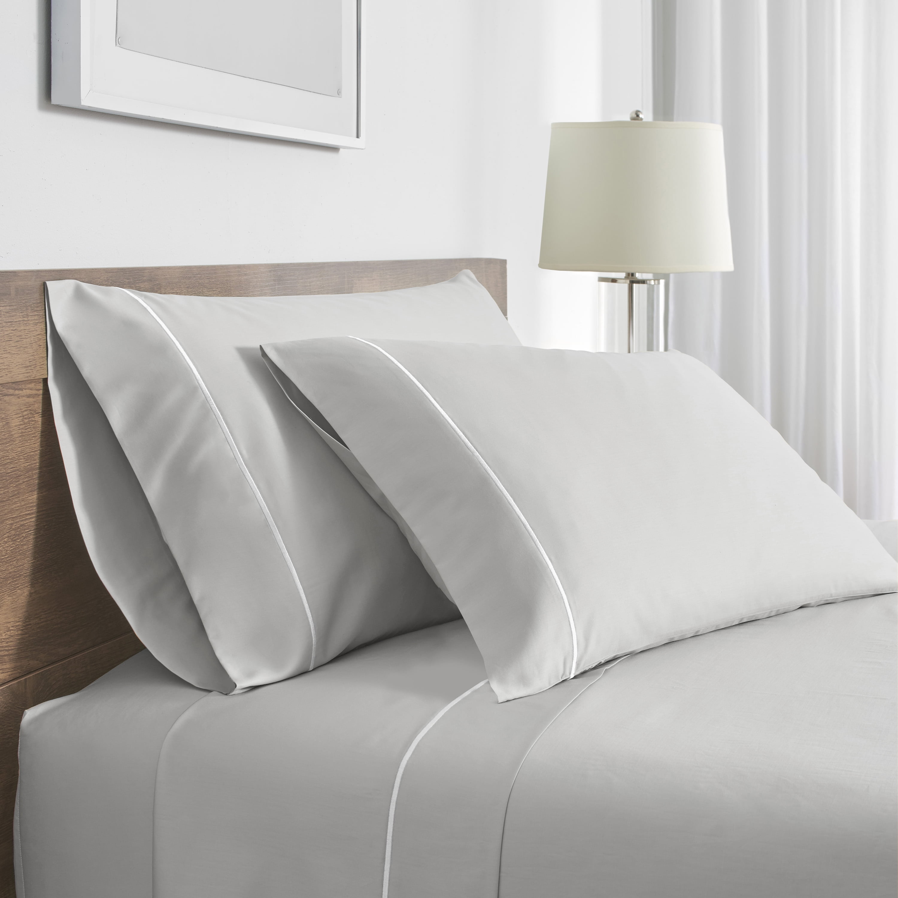 Satin Stitch Hotel Style Cotton Sheet Set, Queen, Gray/White