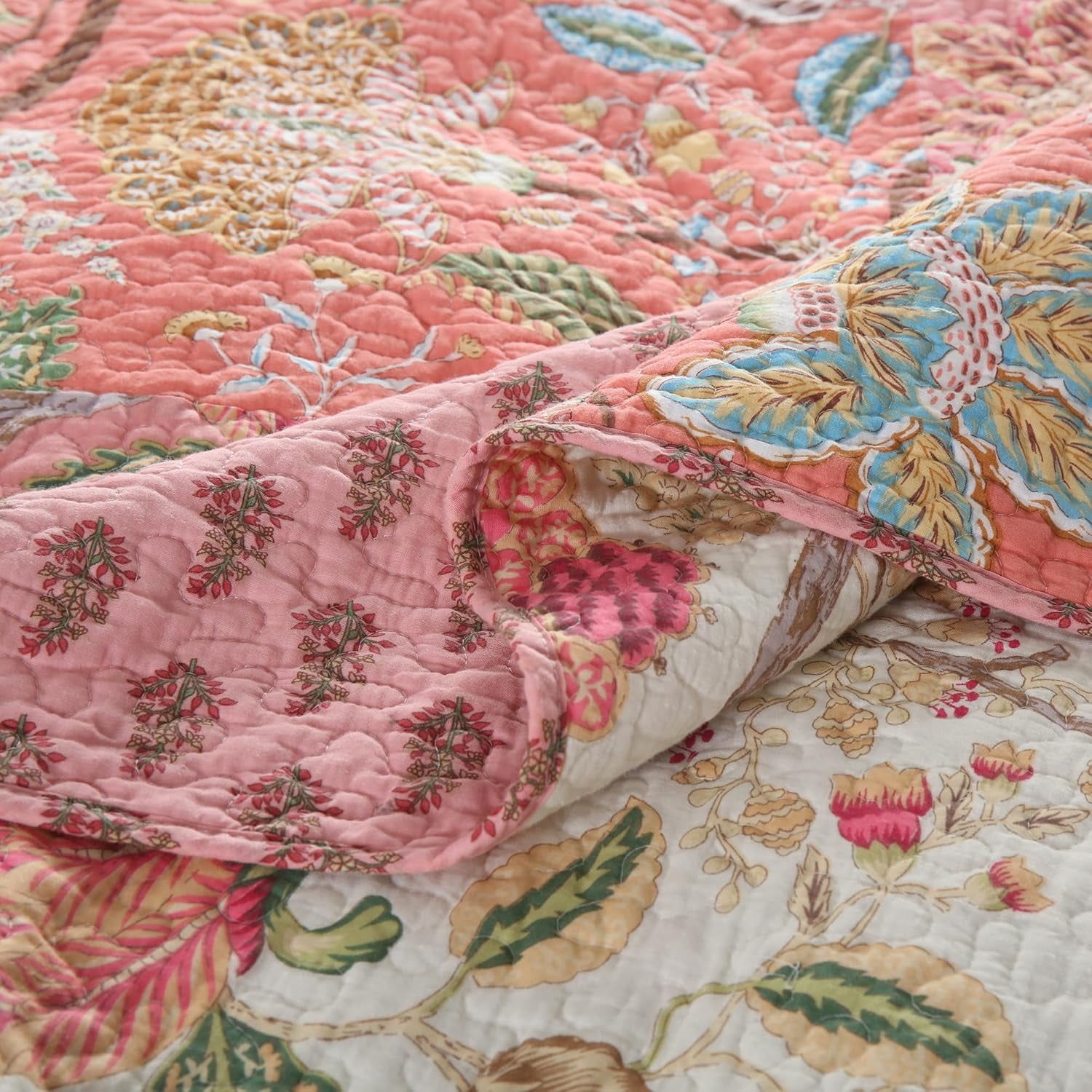 Nordmiex Patchwork Cotton Quilt Set Bohemian Pink Floral Bedding Set, California King