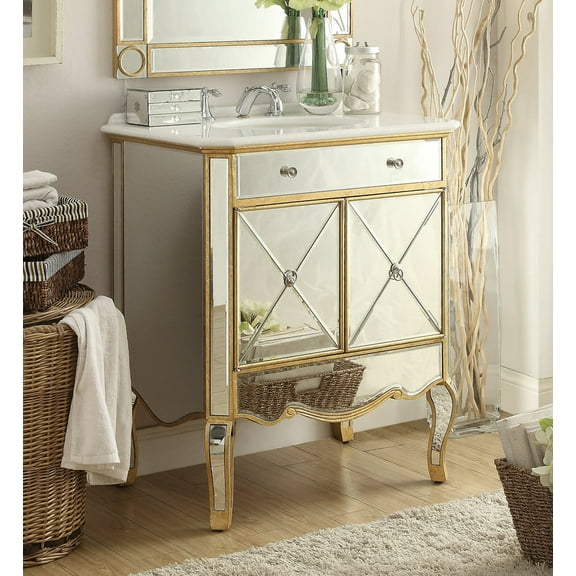 Benton Collection 30" Gold Trim Mirrored Bathroom Vanity with Italian Carrara Top
