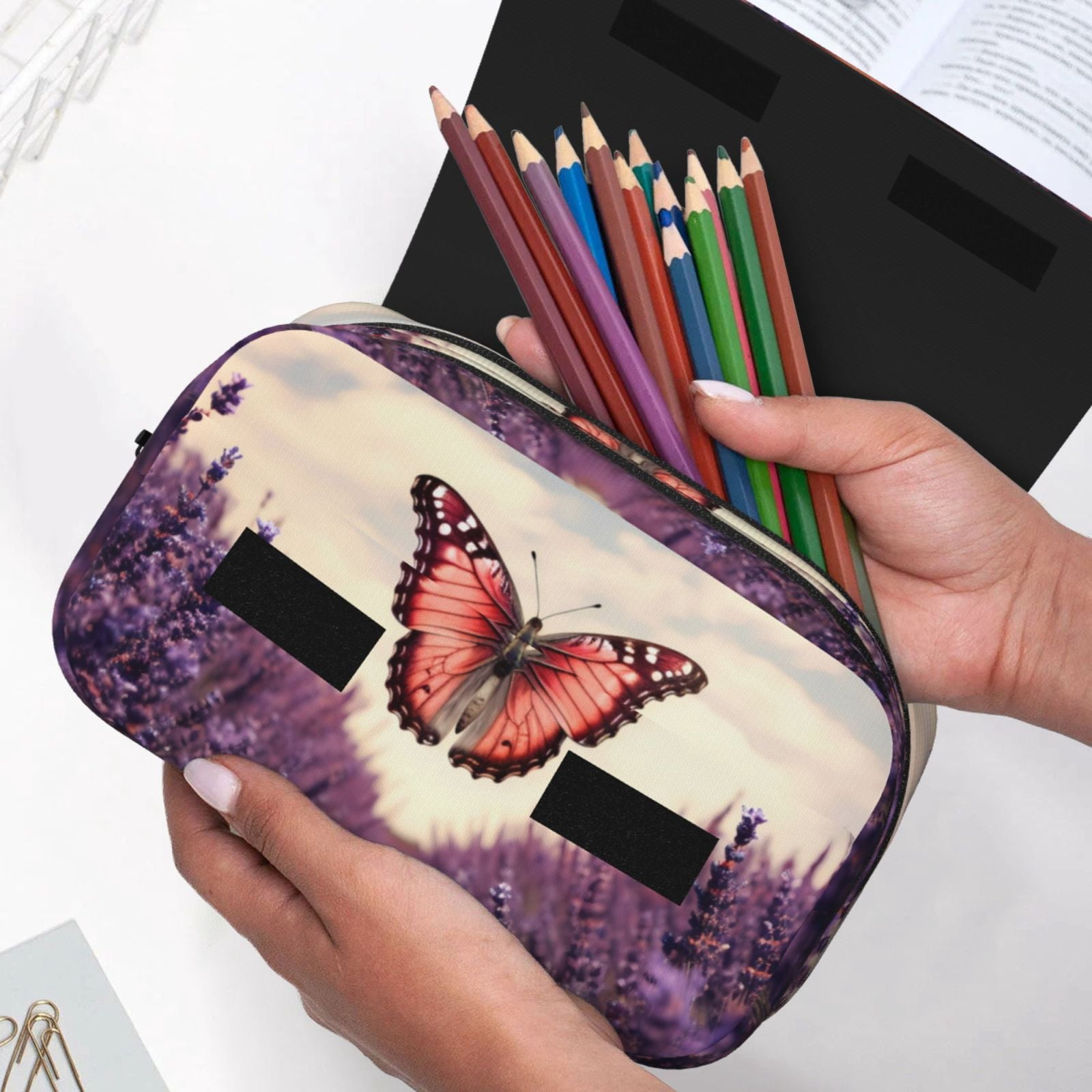 Rateoe Butterfly Over Lavender Pattern Double Clamshell Pen Case, Storage Organizer with Two Zipper Compartments– Holds Up to 50 Pencils & Pens