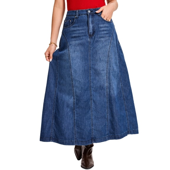 INSPIRE CHIC Women's Jean Maxi Skirt Casual High Waisted Distressed Wash A Line Swing Long Denim Skirts M Dark Blue