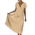 thumbnail image 2 of Pounoo Women's Dresses V Neck Short Sleeve Wrap Linen Blend Midi Dress With Waist Tie Casual Beach Wear Lightweight Breathable Loose Fit Vacation Sundresses Gift, 2 of 7