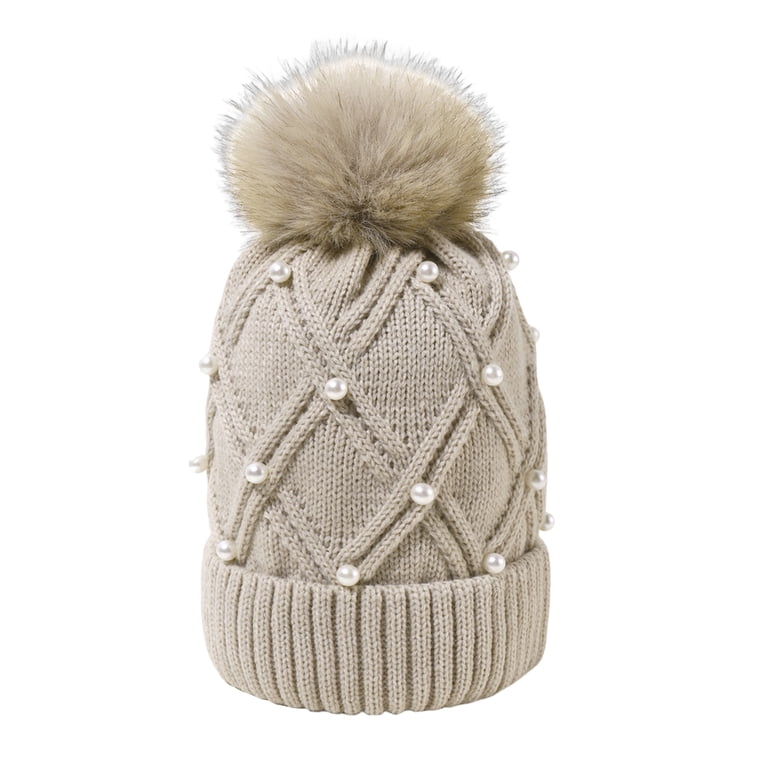 Womens Winter Beanie Hat Cuffed Faux Fur Pom Hat Knitted 