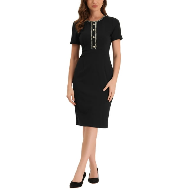 INSPIRE CHIC Robe Fourreau pour Femme de Travail/affaires à Bordure en Tweed, Col Rond, Manches Courtes, Noir, P