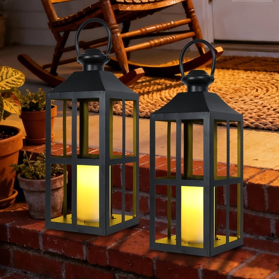 2 Pack Black Metal Grid Lanterns – Hollow Cross-Design Decor with Flameless LED Candles, Rustic Hanging/Tabletop Lights for Patio, Porch & Farmhouse Home