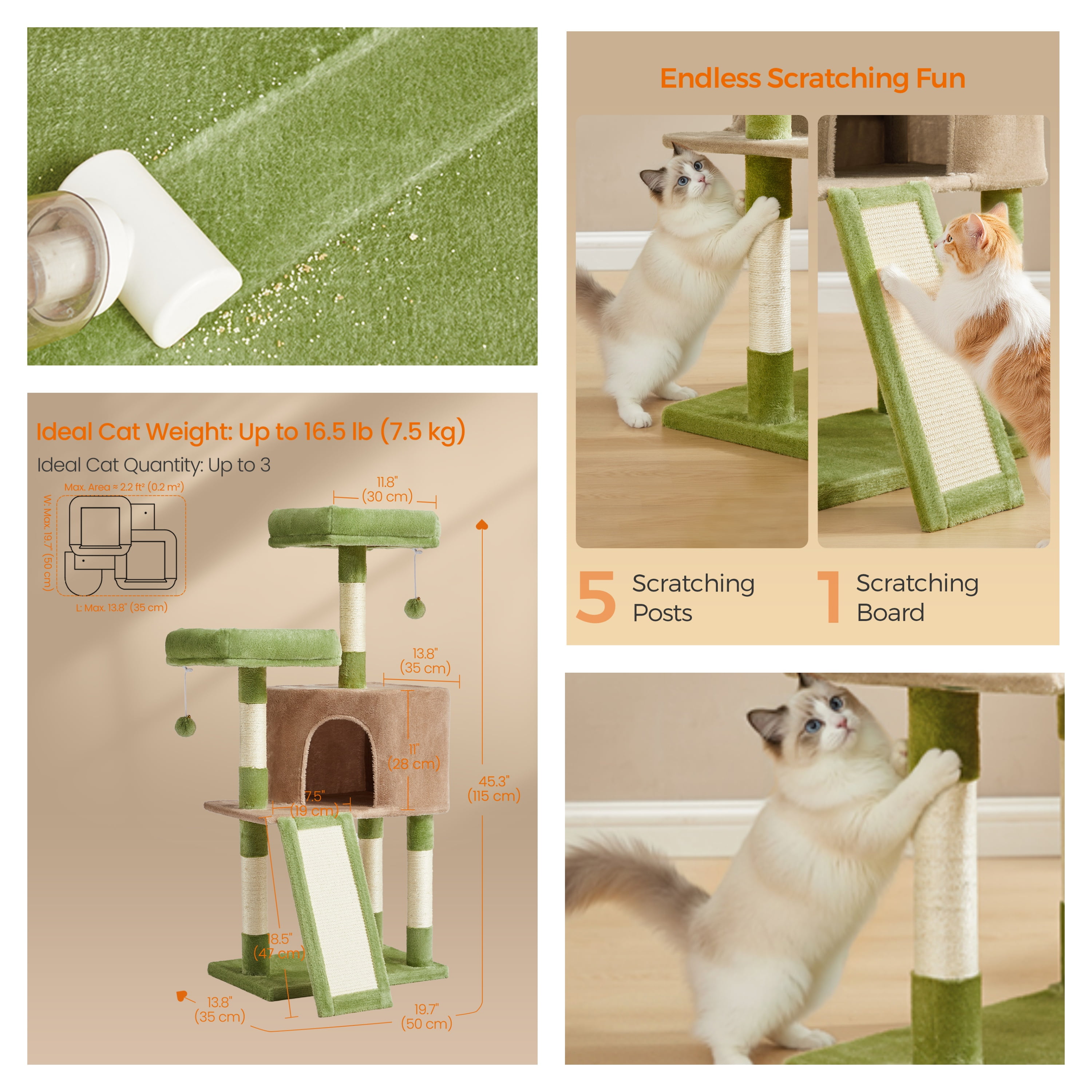 LEDREM Cat Tower, 45.3-Inch Indoor Cat Tree with Scratching Ramp, Perches, Spacious Cat Cave, Multi-Level Condo for Kittens, Adult Cats, Grass Green and Camel Brown