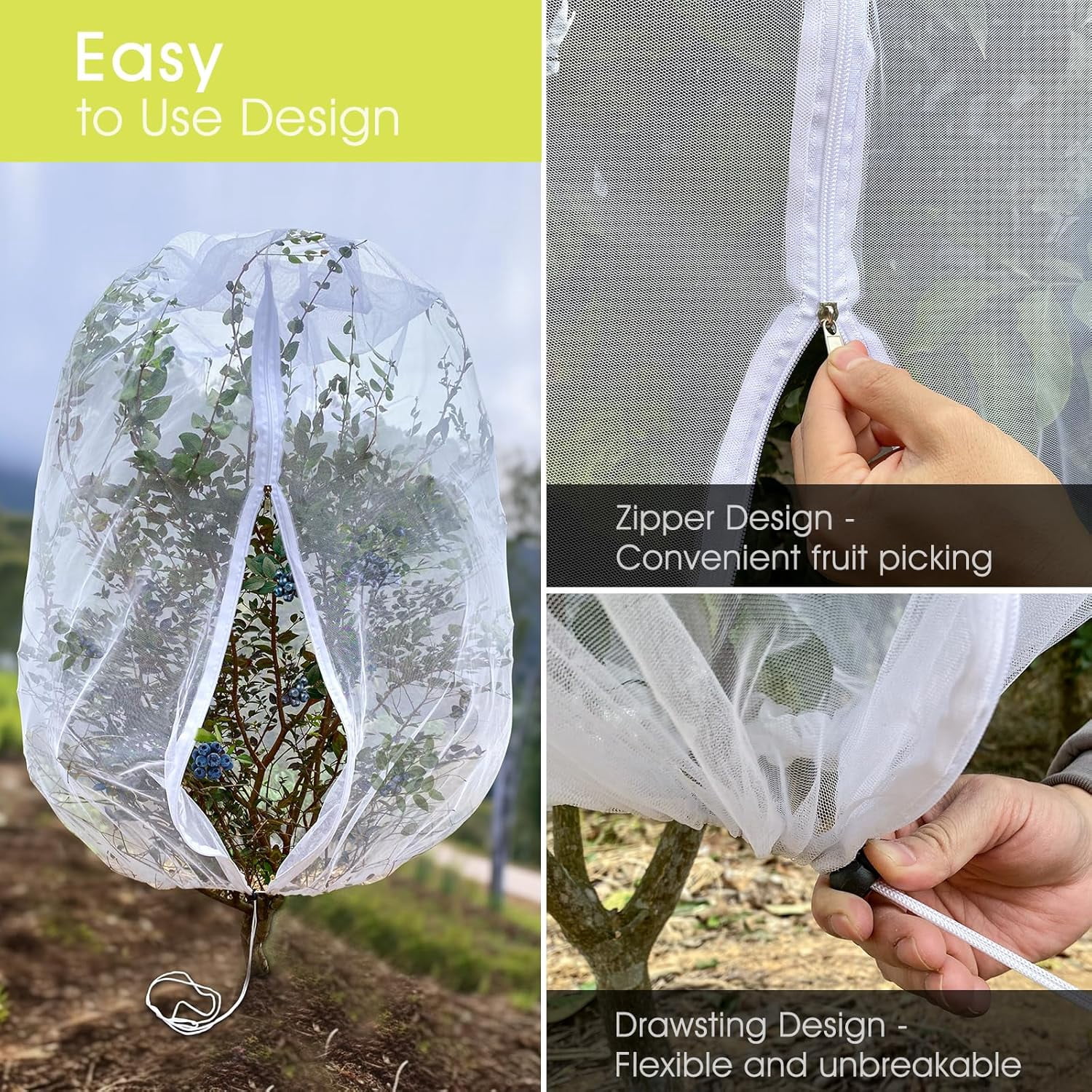 Fruit Tree Netting,  3.3 x 2.6 FT Blueberry Bush Netting Cover with Zipper Drawstring, Outdoor Mosquito Net Garden Netting Protector Plant from Birds Cicadas Animals Insect (4 PCS, White)