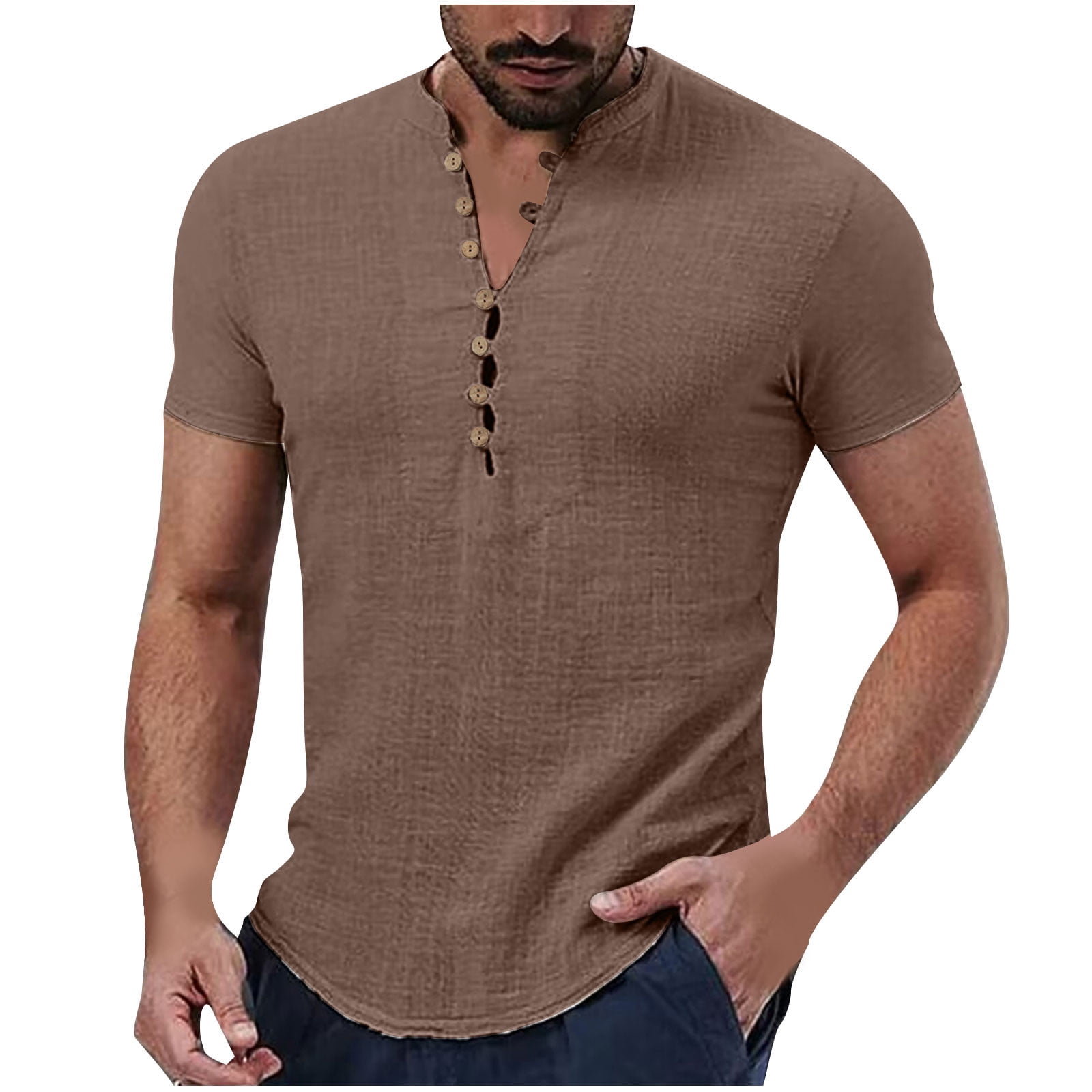 T-shirt Homme COOFANDY – Lin Et Coton Vert – Manches Longues – Col Henley – Taille L