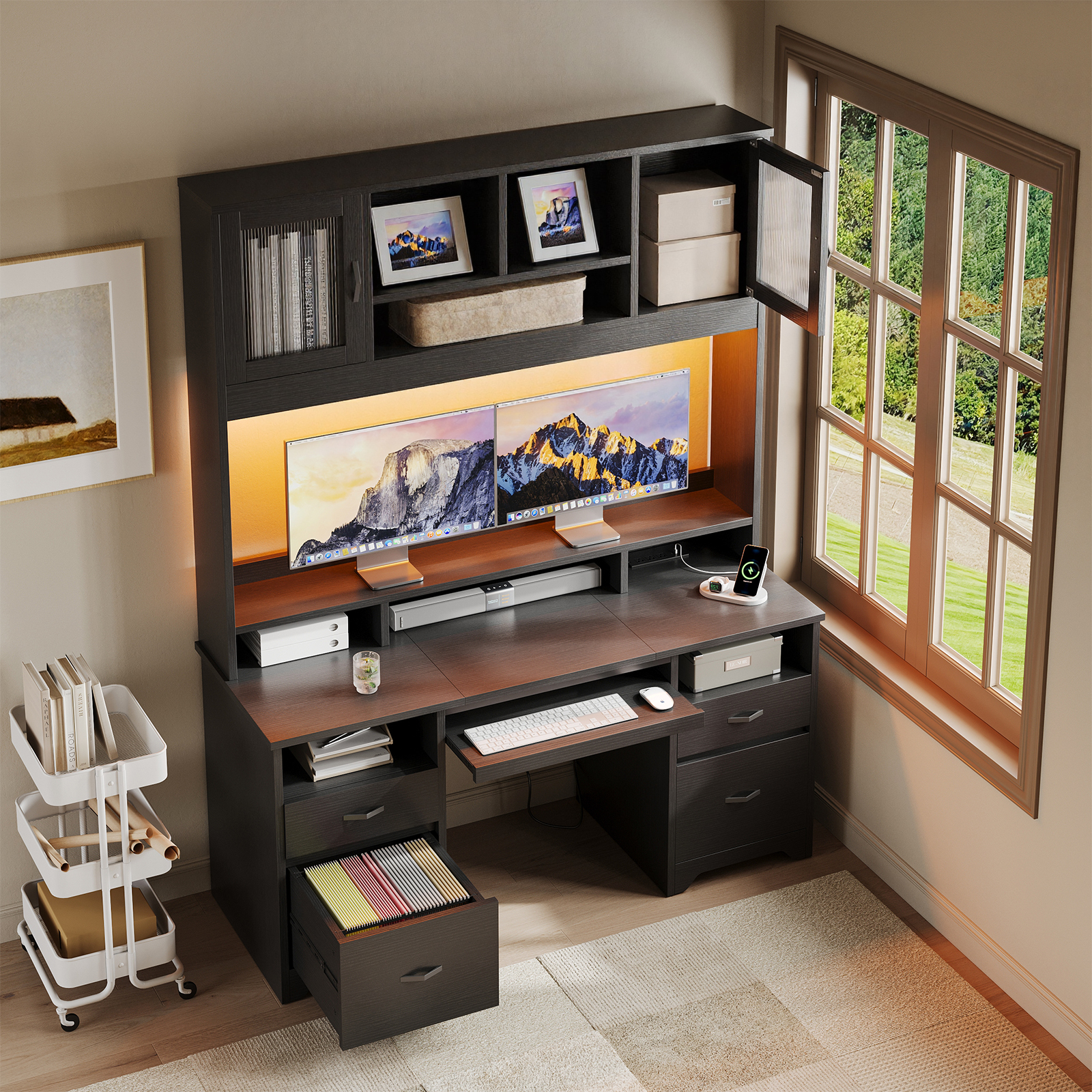 Bestier Executive Desk with Hutch, 77.8" H Modern Wood Computer Desk with Drawers,Charging Station, LED Light, Fluted Storage Cabinet, Keyboard Tray, 59" W Office Desk for Home Office, Black