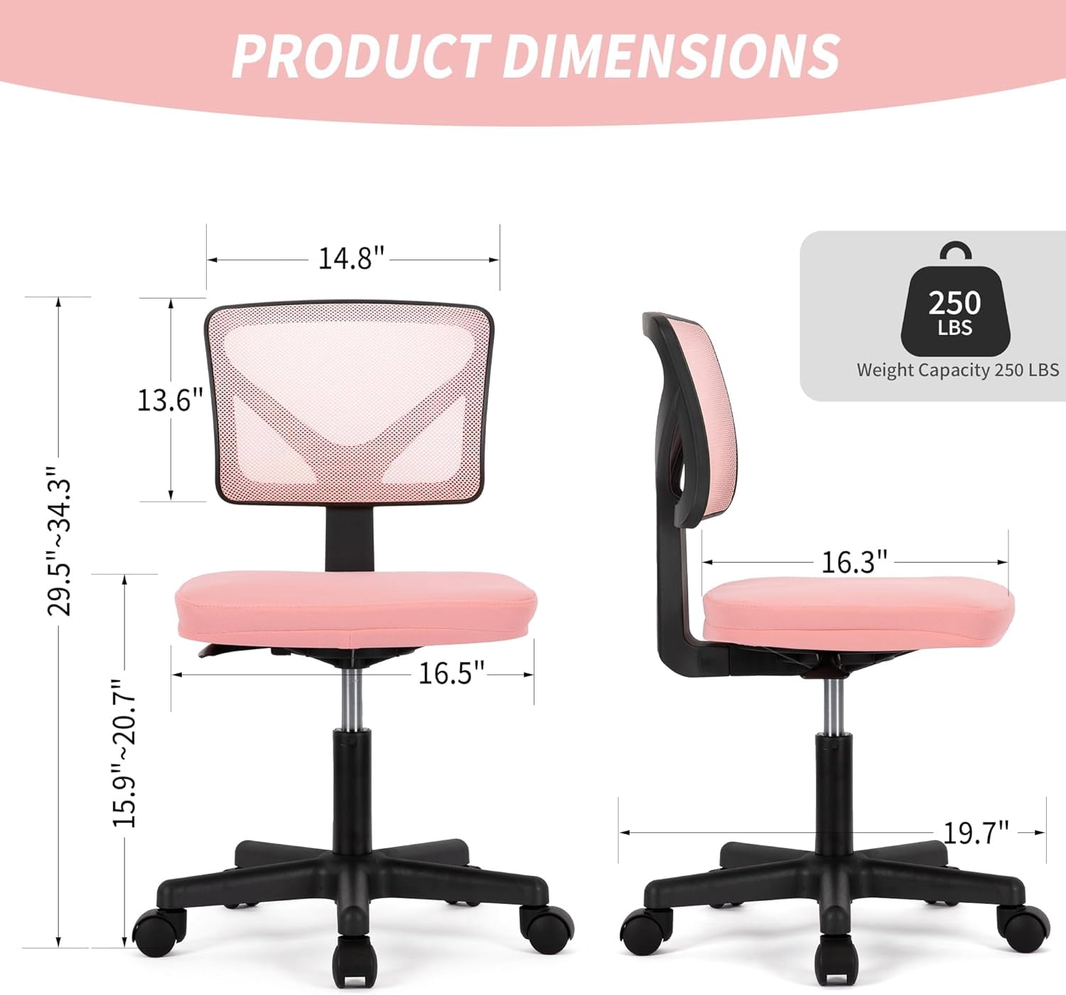QUIOCOZY Armless Small Home Office Desk Chair, Ergonomic Low Back Computer Chair, Adjustable Rolling Swivel Task Chair with Lumbar Support for Small Space