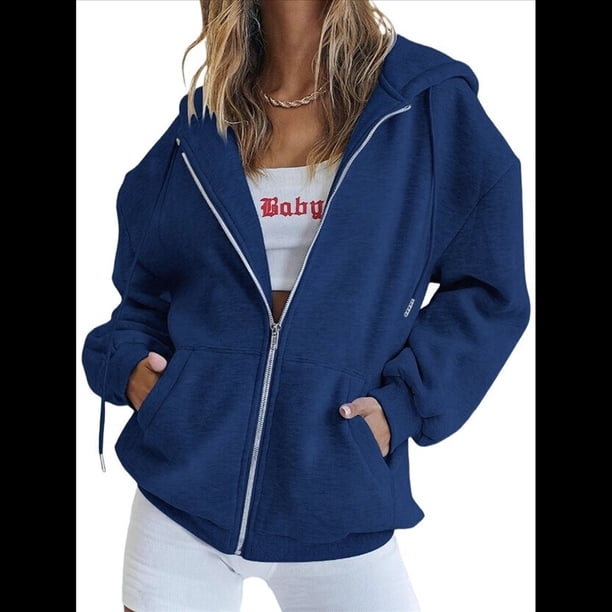 Sudaderas con Capucha y Cremallera para Mujer, Sudaderas Extragrandes, Conjuntos de Moda Escolar para Otoño, Chaquetas Informales, Ropa de Invierno Azul Marino M
