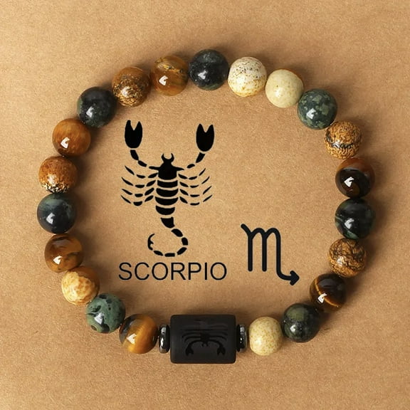1pc 12 Constellations Natural Tiger Eye & Picture Jasper Round Beaded Stretch Bracelets for Men Women Column Scorpio 7-1/8 inch(18cm)