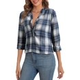 thumbnail image 2 of Women'S V Neck Plaid Shirts Dressy Casual Button-Down Business Work Boho Tops Long Sleeve Fall Outfits Navy Blue S, 2 of 9