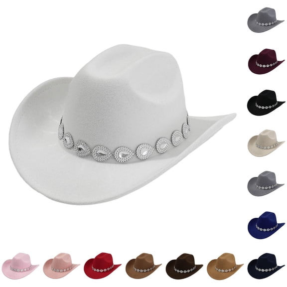 XIAOCHA Women's Teardrop‑Rhinestone Band Cowboy Hat Solid Rodeo Horse‑Riding Cowgirl Hat,White