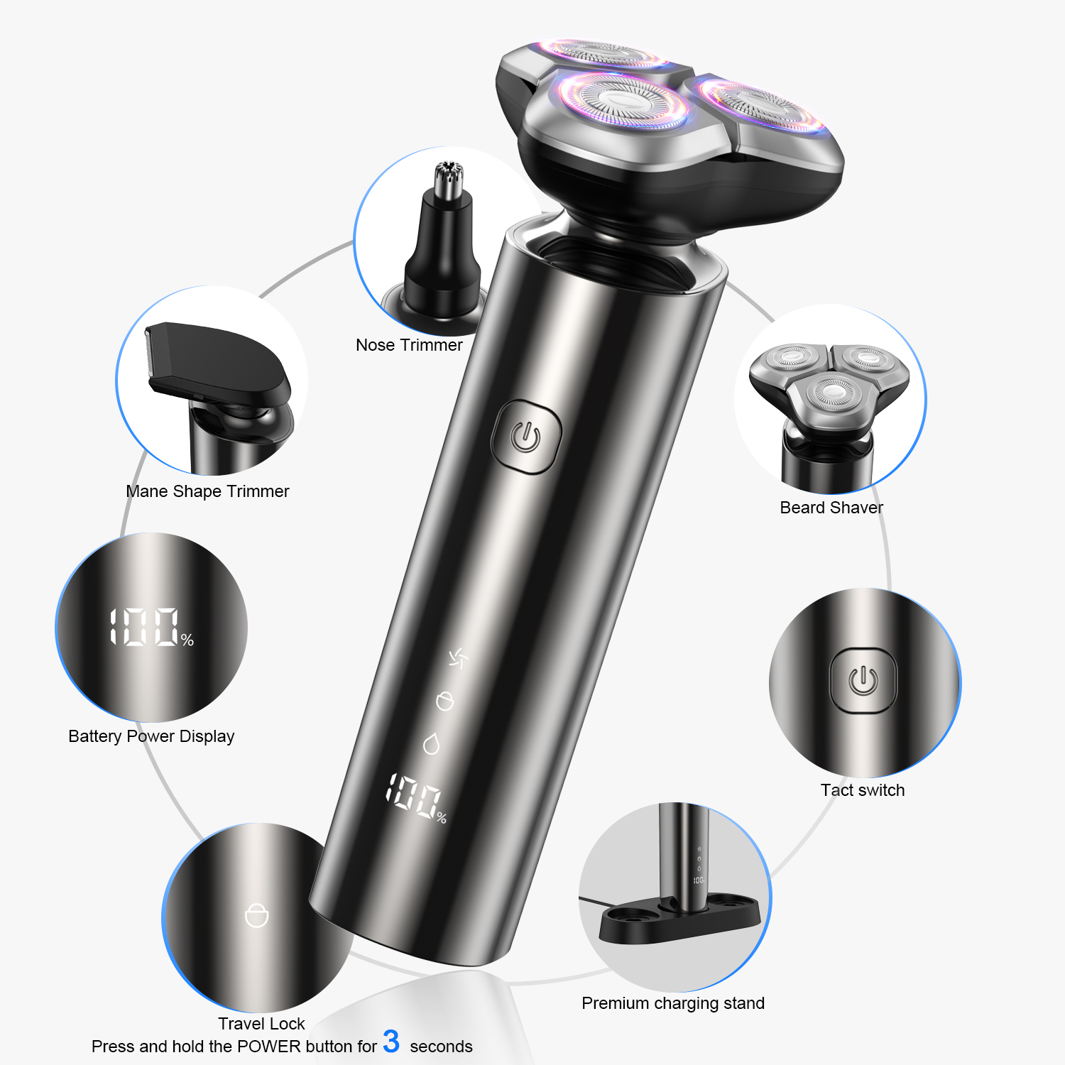 Obacre 3-in-1 Electric Razor with Charging Dock, Black photo 2
