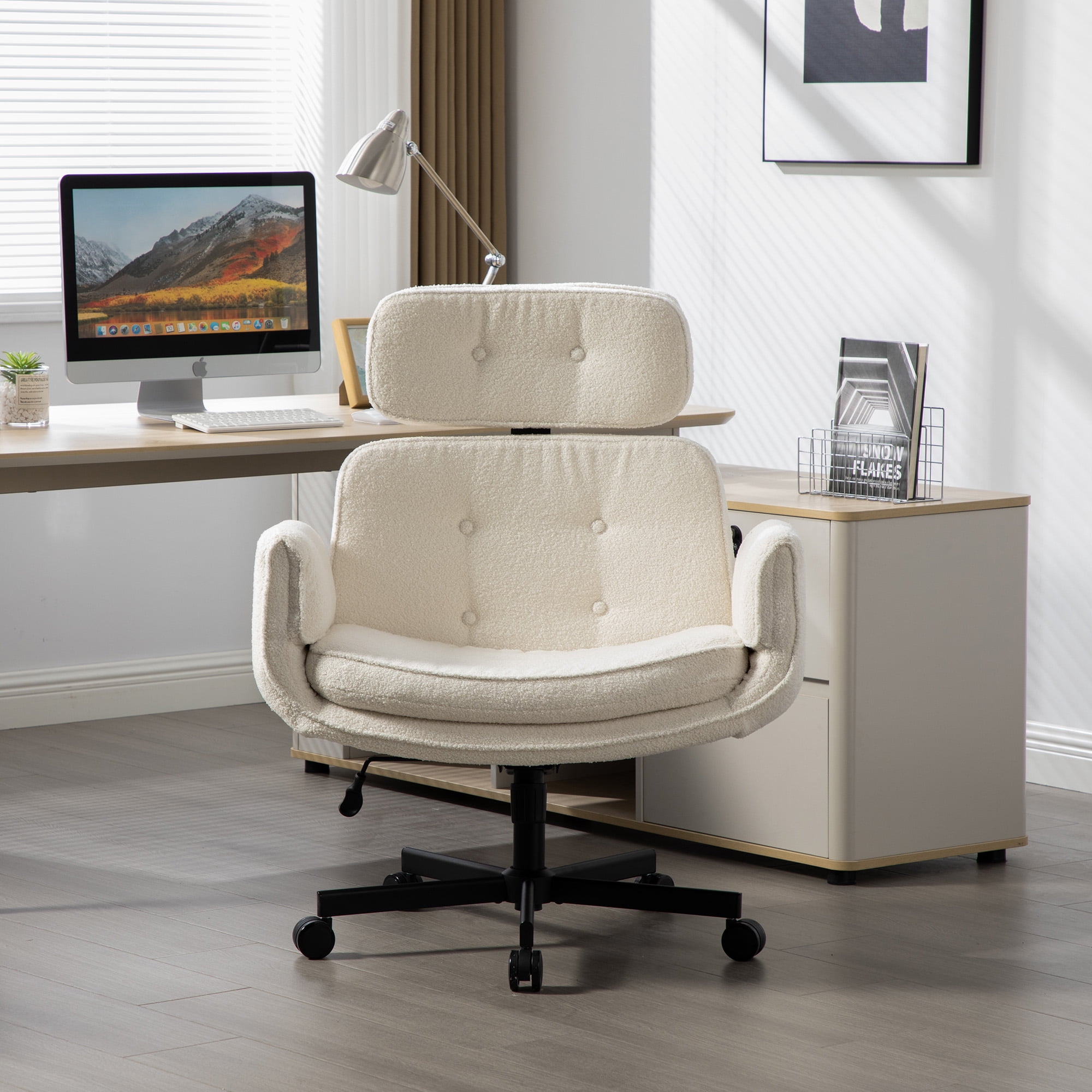 Cross Chair with Adjustable Armrests & Wheels & Headrest, Lounge Vanity Desk Chair with Wide Seat for Cross-Legged Sitting, Swivel Task Office Chairs for Home, Makeup, Gaming, Office, Ivory
