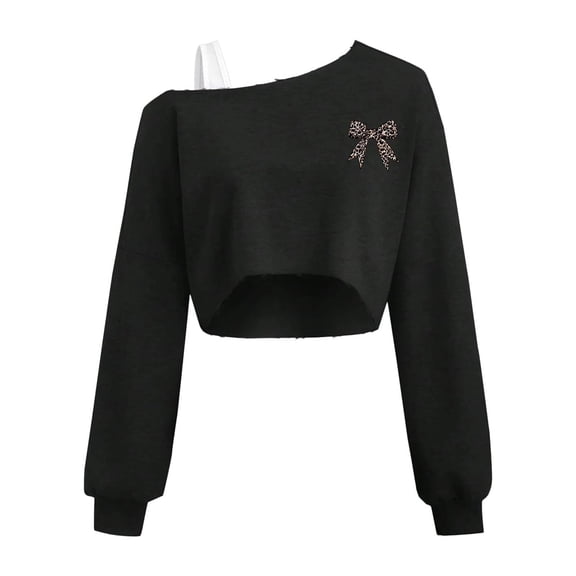 Bjutir T Shirts For Girls Long Sleeve Leopard Bowknot Print Off Shoulder Tops Breathable Casual Wear Basic Tops Size 7-16 Years