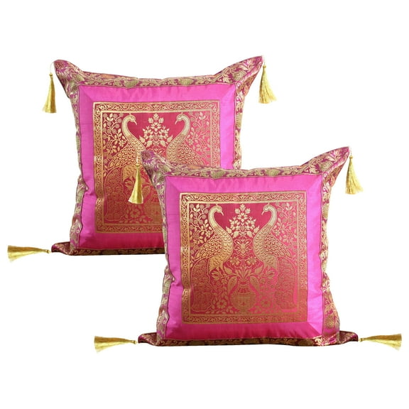Stylo Culture Ethnic Brocade Living Room Throw Pillow Covers Magenta Pink Gold 18 x 18 Jacquard Weave Tassels Couch Cushion Covers 45x45 cm Polydupion Silk Zippered Peacock Pillowcases | Set Of 2
